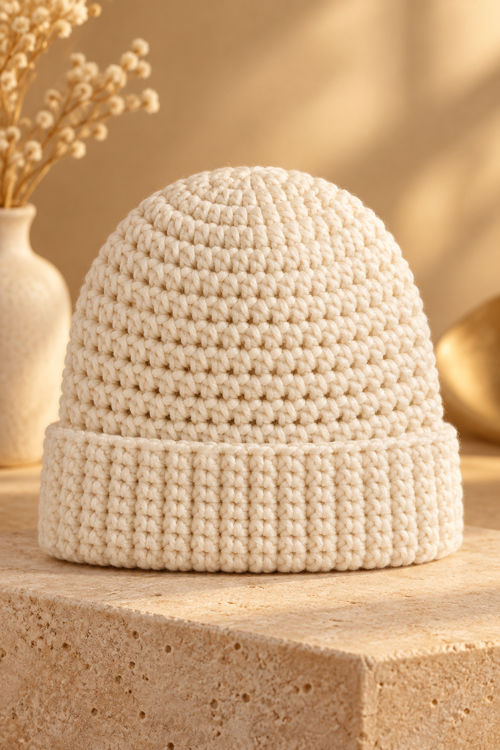 cream crochet adult hat pattern with rounded crown