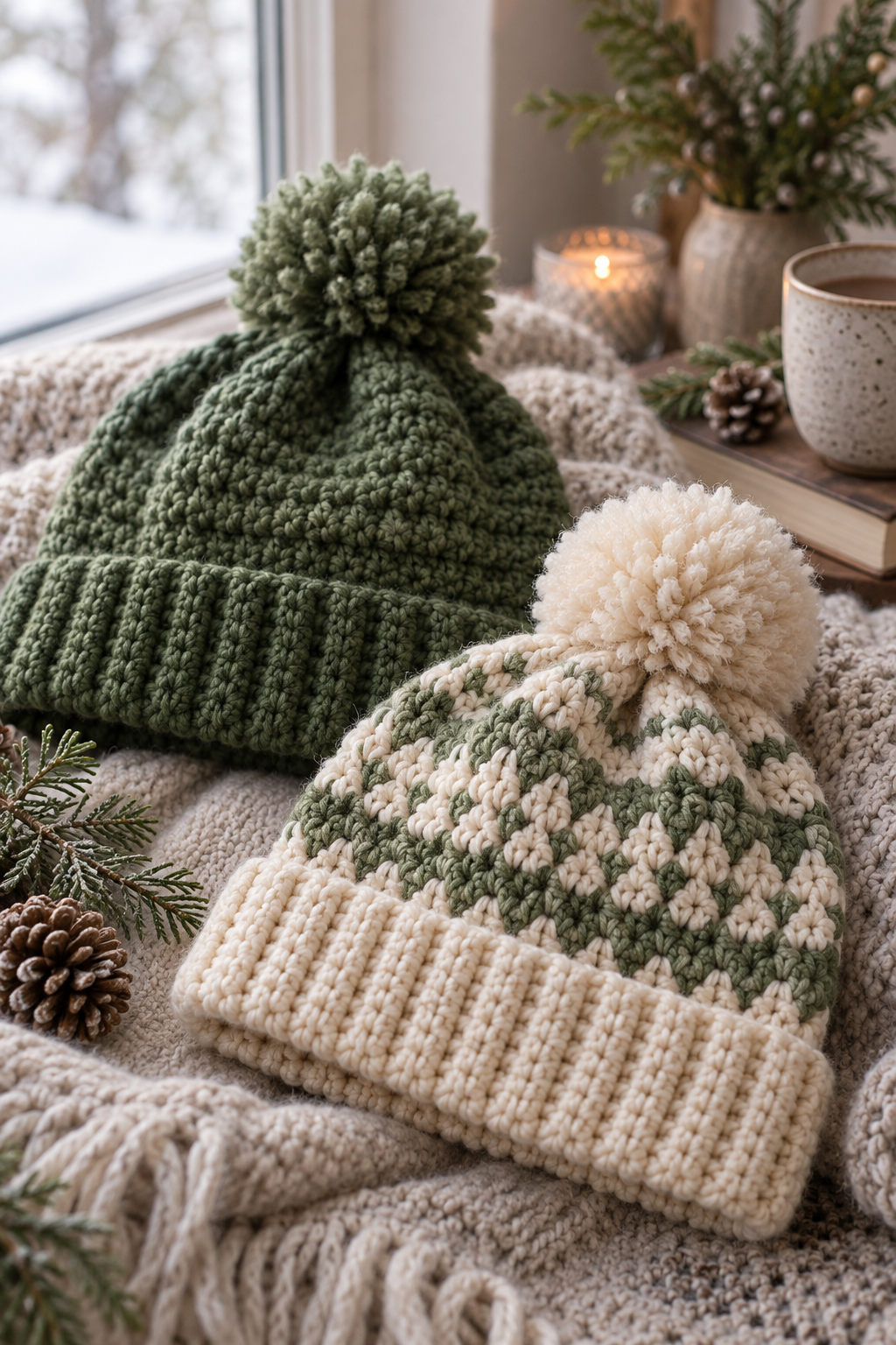 green and cream crochet adult hats with pom-pom finish