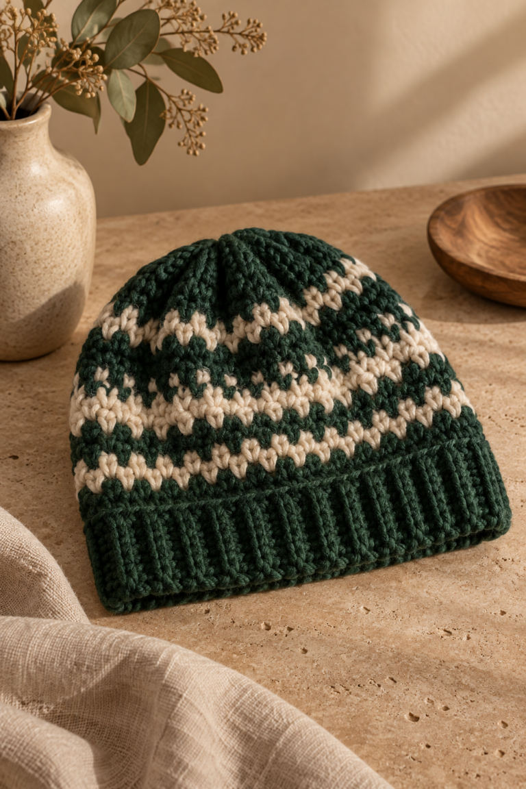 crochet adult hat pattern textured green and cream beanie