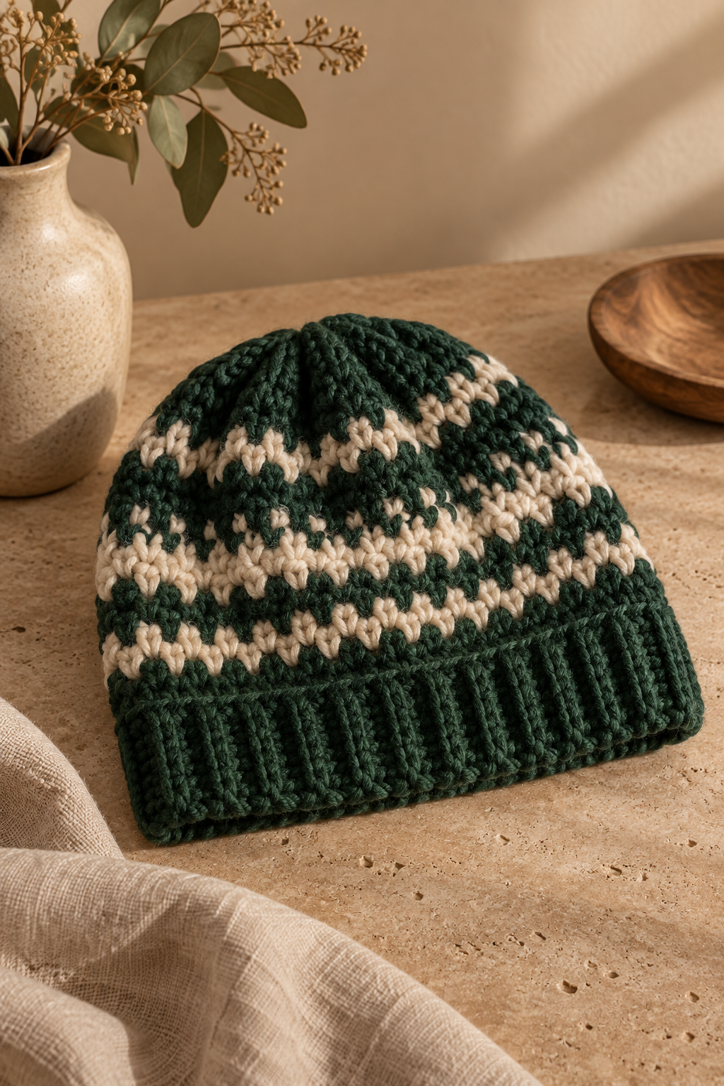 crochet adult hat pattern textured green and cream beanie