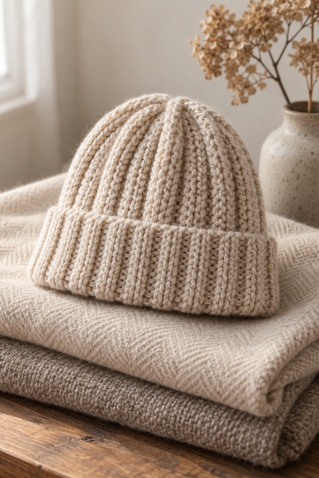 crochet adult hat pattern in a warm neutral fiber-craft setting