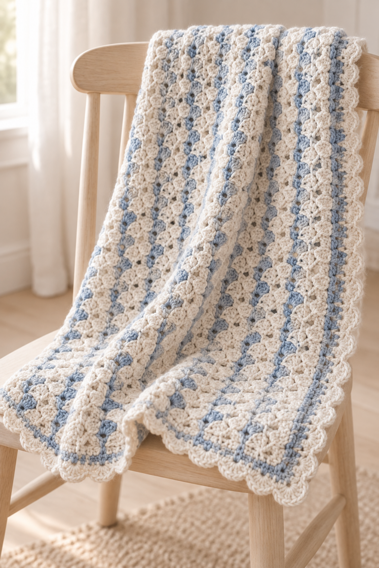 crochet baby afghan with soft texture and puff-stitch border