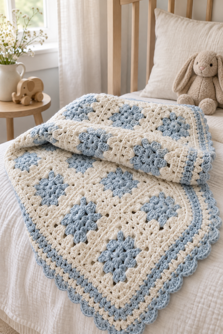 crochet baby afghan in a soft nursery palette