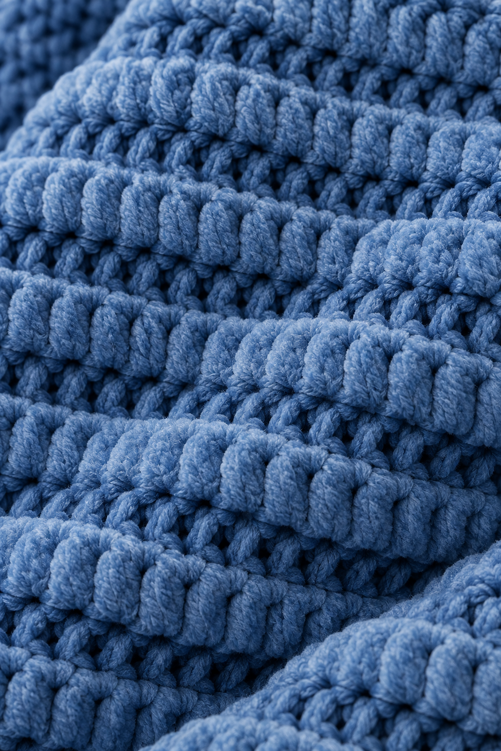 Crochet baby boy blanket close view of plush interlocking texture