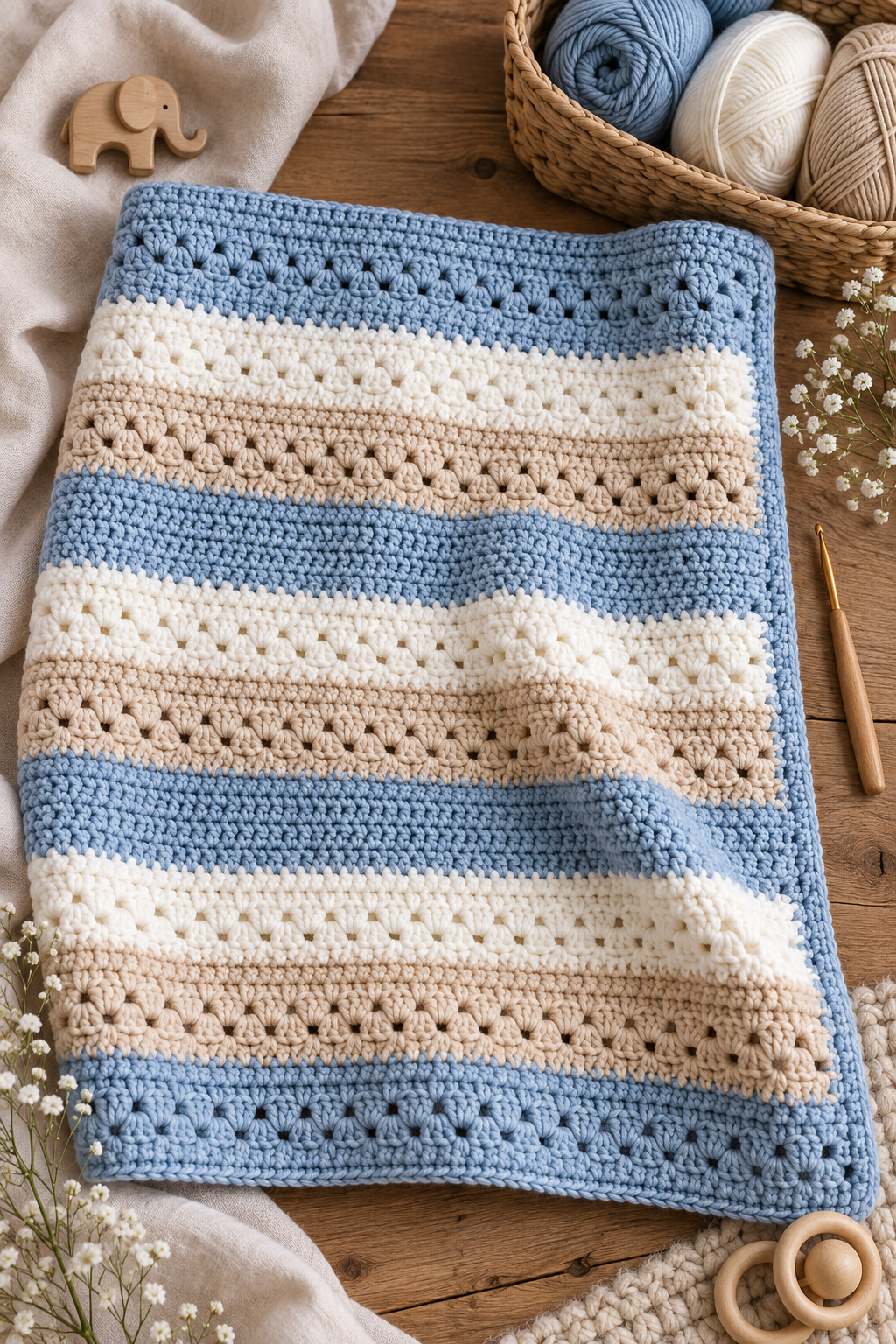 Crochet baby boy blanket blue beige and white color bands