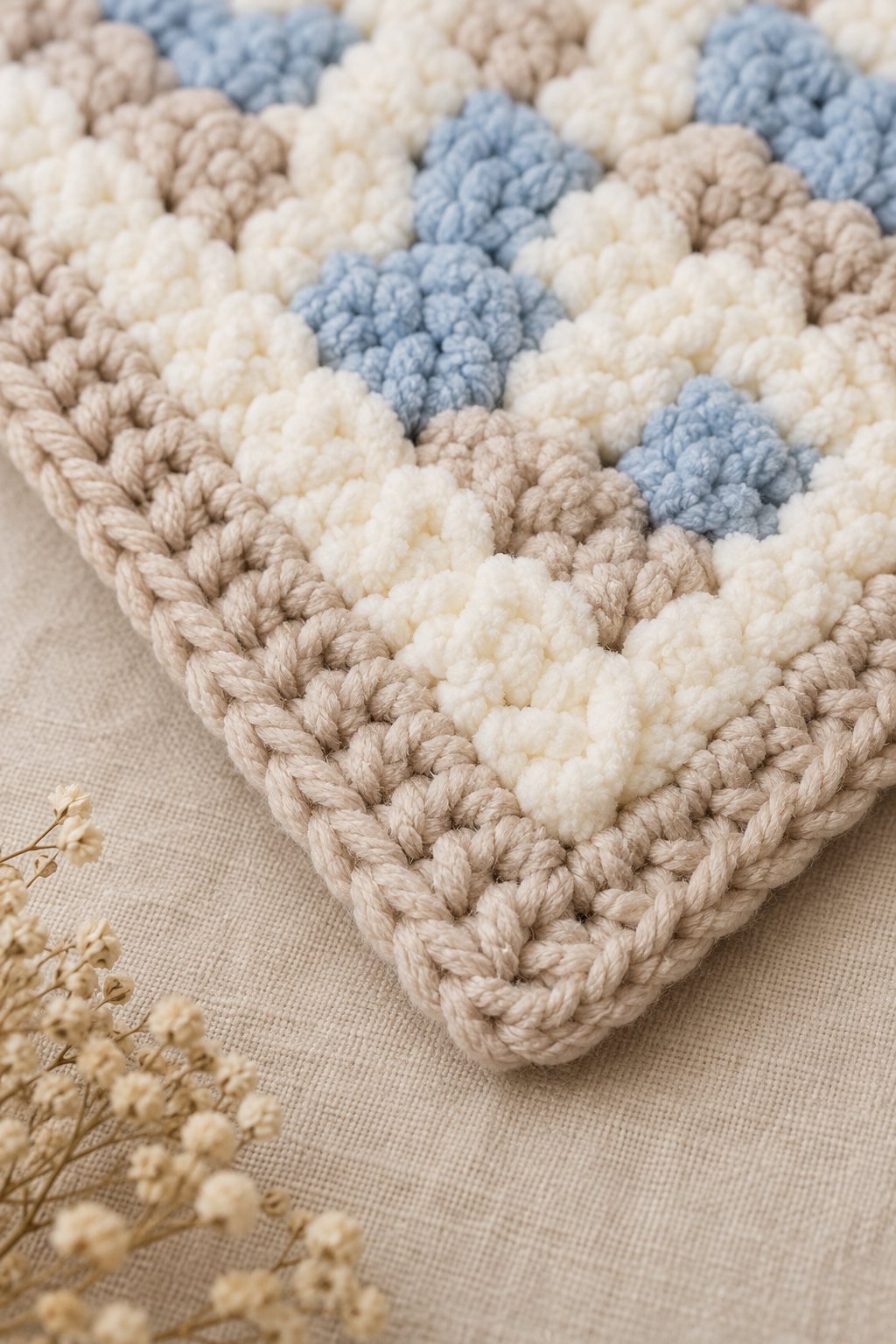 Crochet baby boy blanket tidy corner and single crochet border
