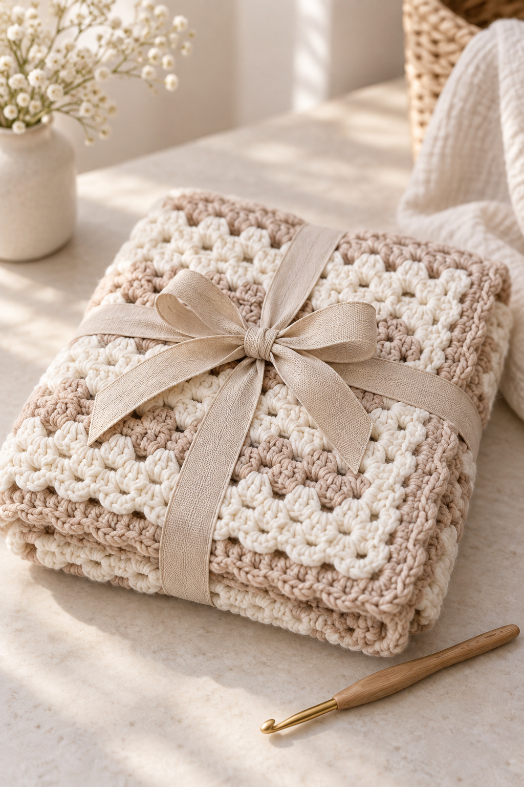Crochet baby boy blanket folded for gifting