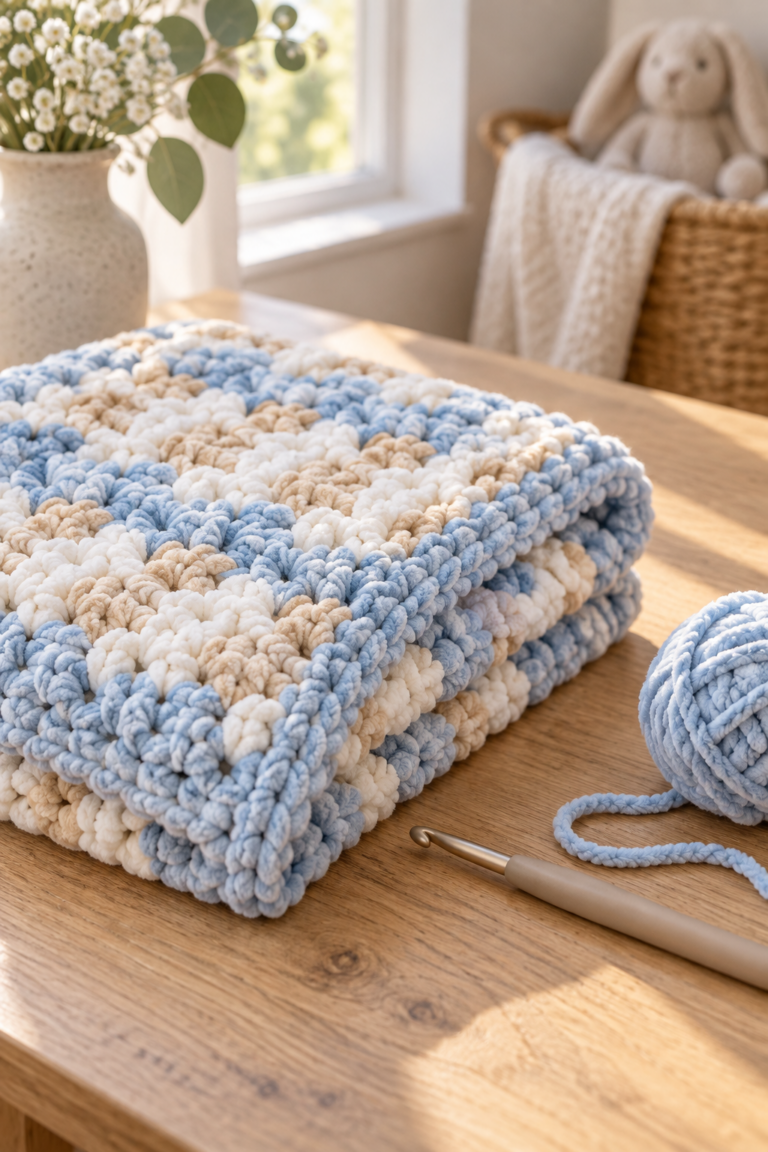 Soft blue, beige, and white crochet baby blanket folded beside yarn and a crochet hook
