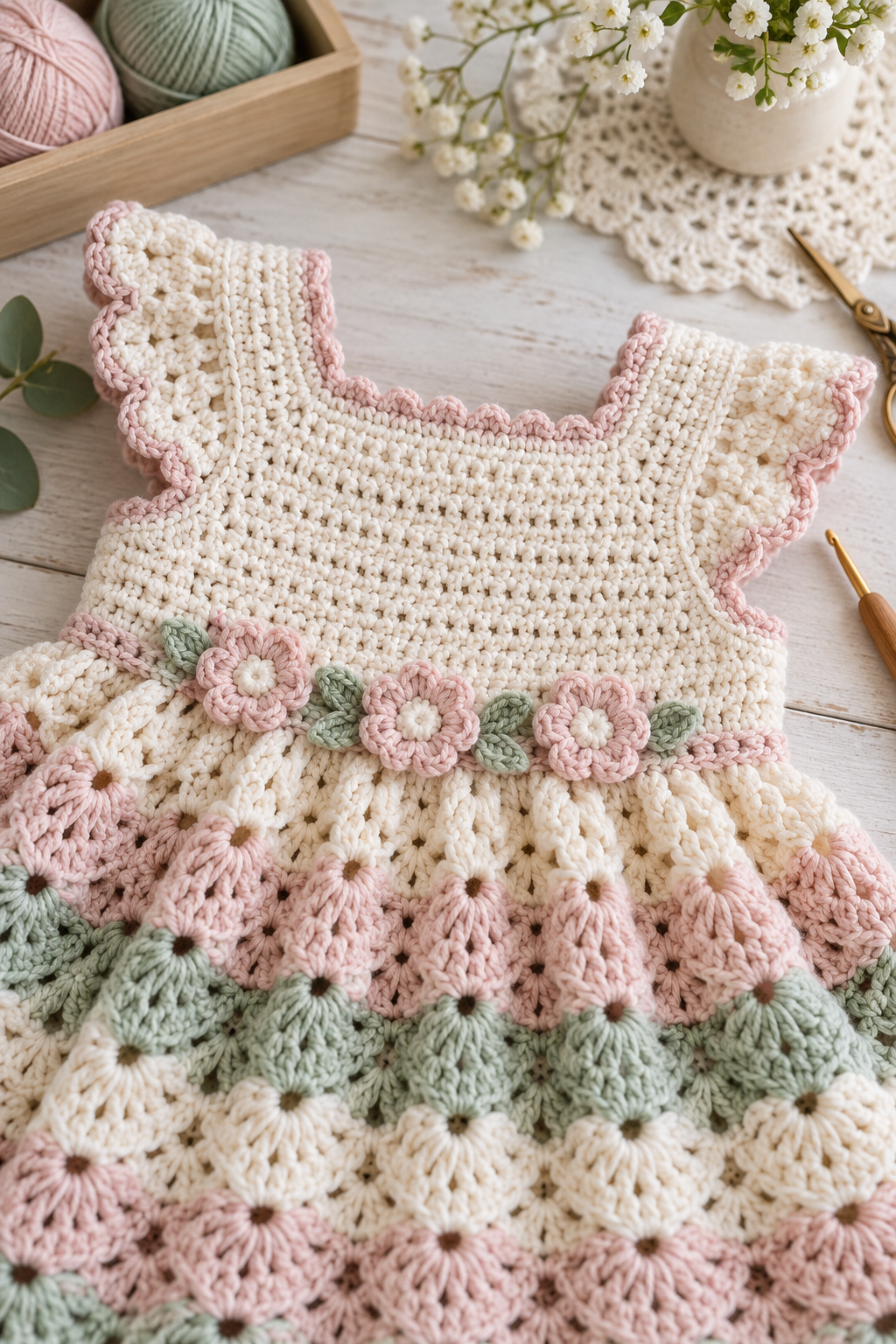 Crochet baby dress pattern textured bodice detail