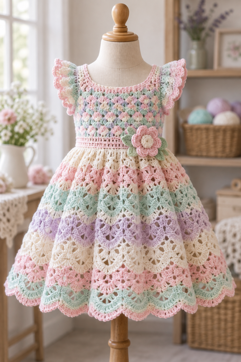 Crochet baby dress pattern with textured bodice and lacy skirt