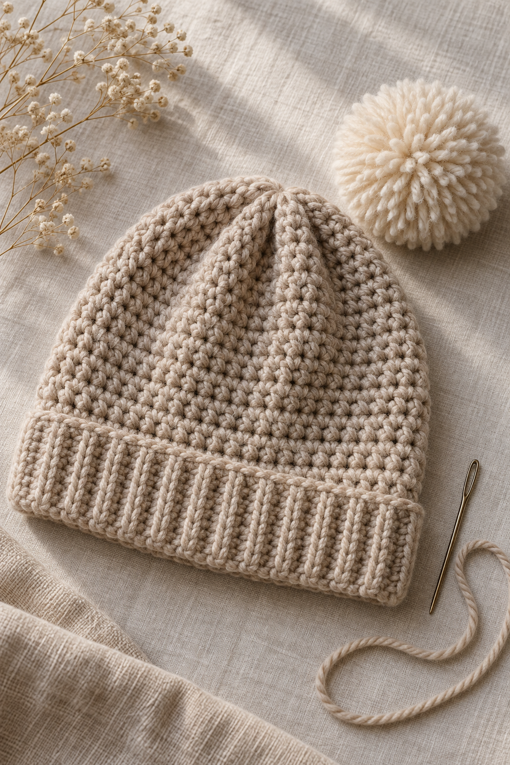 crochet beanie free pattern finished crown and pom-pom detail