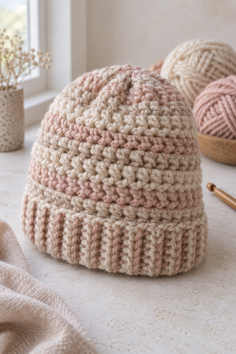 crochet beanie free pattern in warm neutral yarn