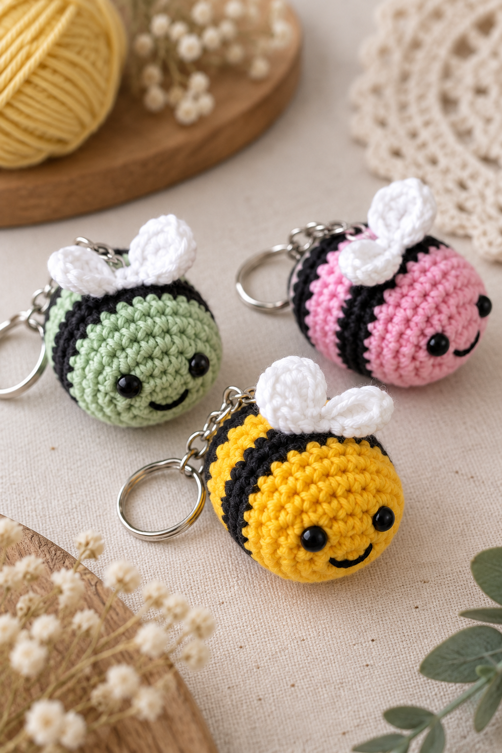 Crochet bee keychain with rounded striped body