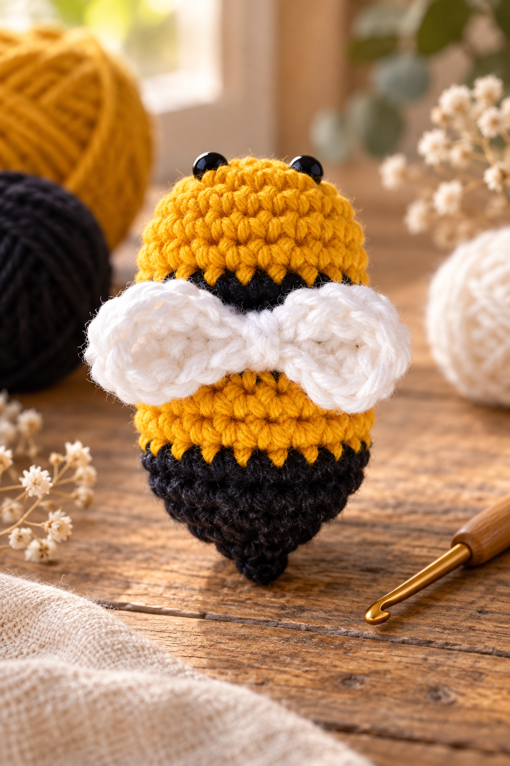 Crochet bee keychain wing detail beside a striped body