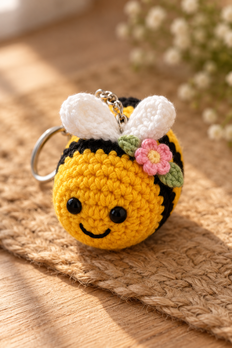 Crochet bee keychain with rounded striped body