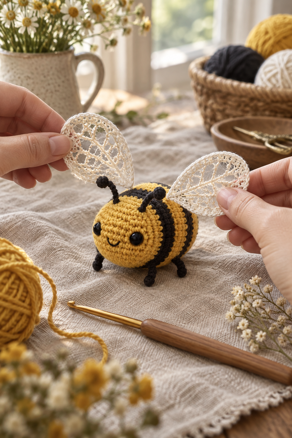 crochet bee wings and facial details