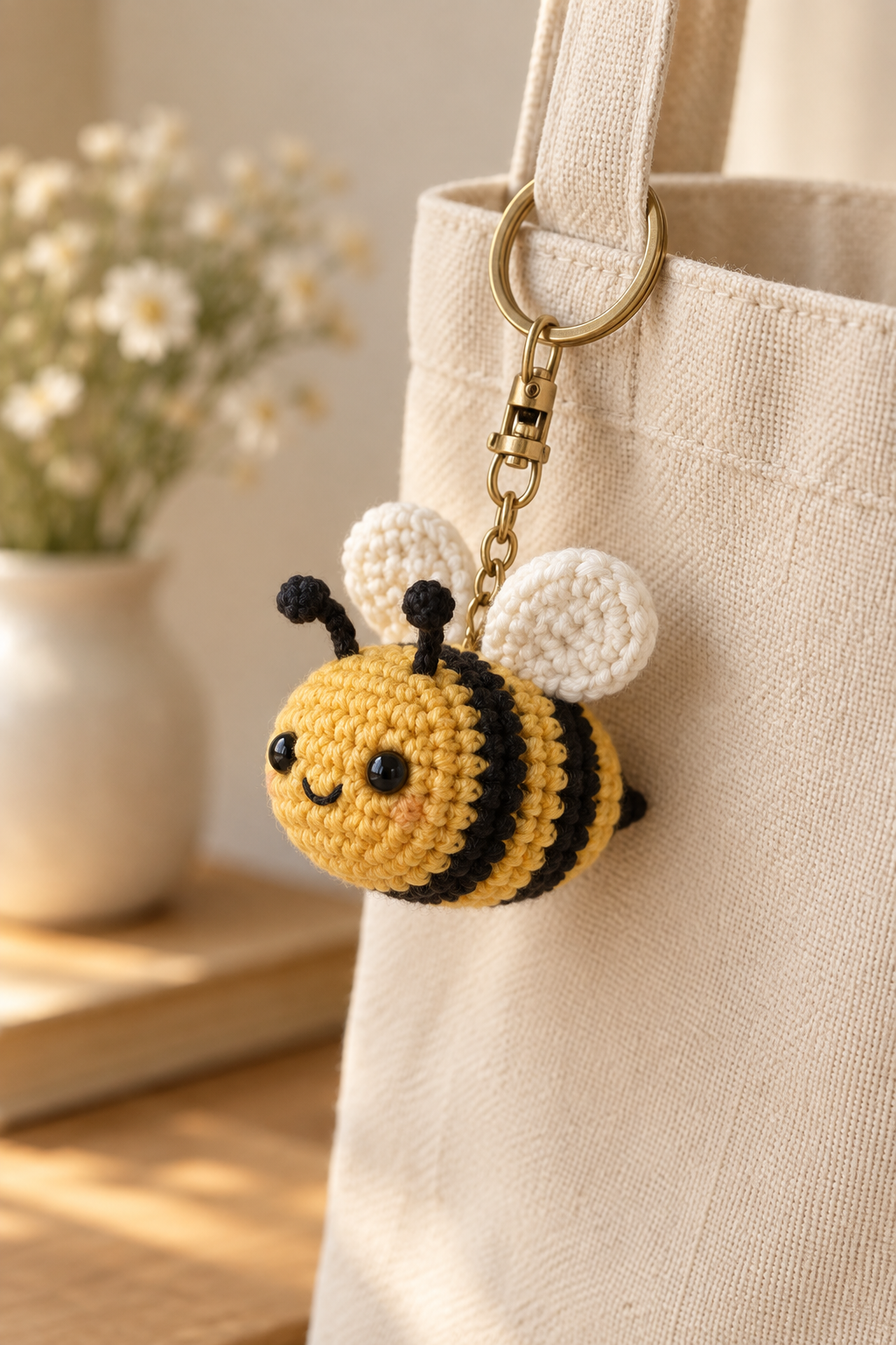 finished crochet bee keychain on a bag