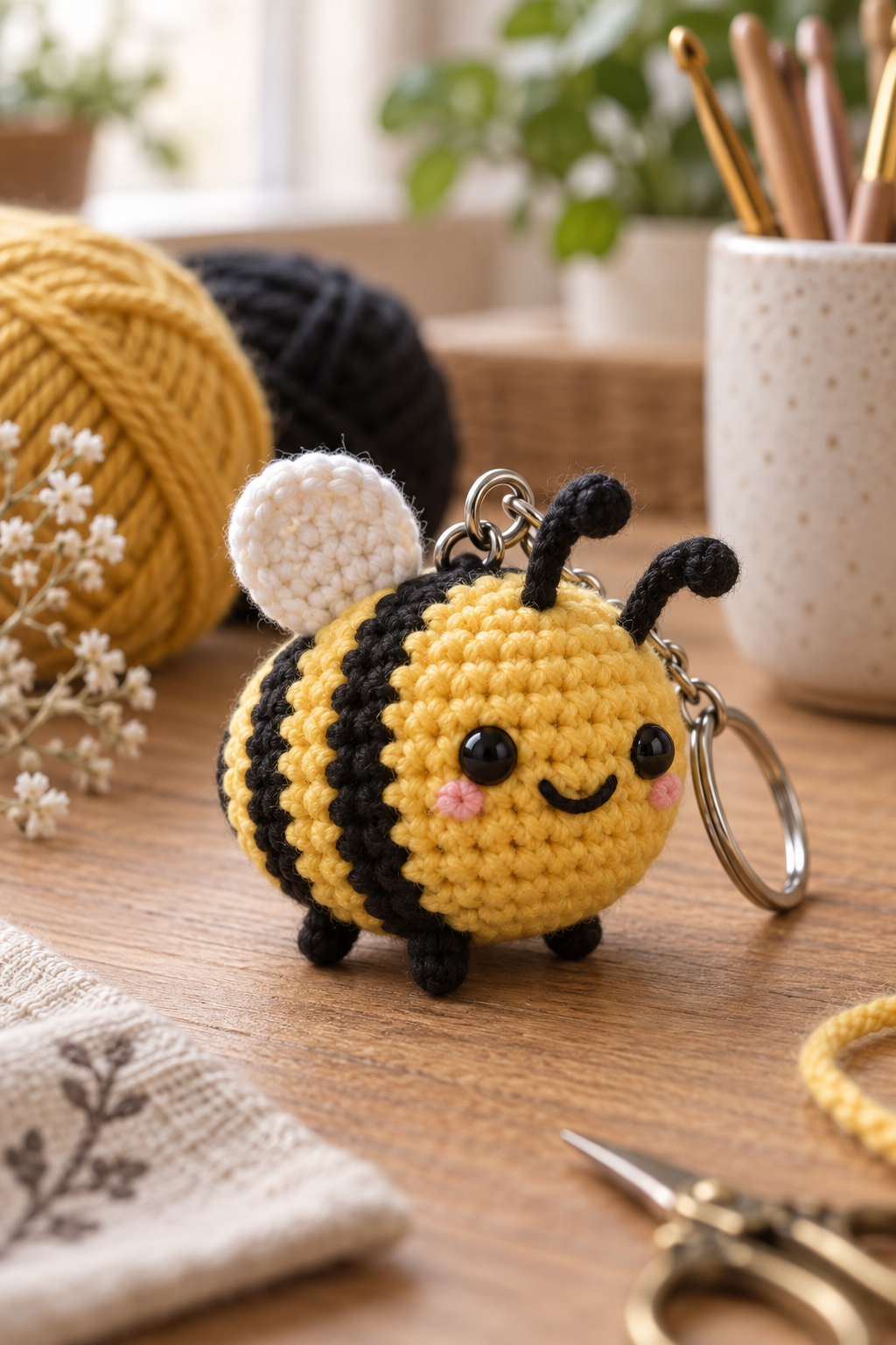 finished crochet bee keychain