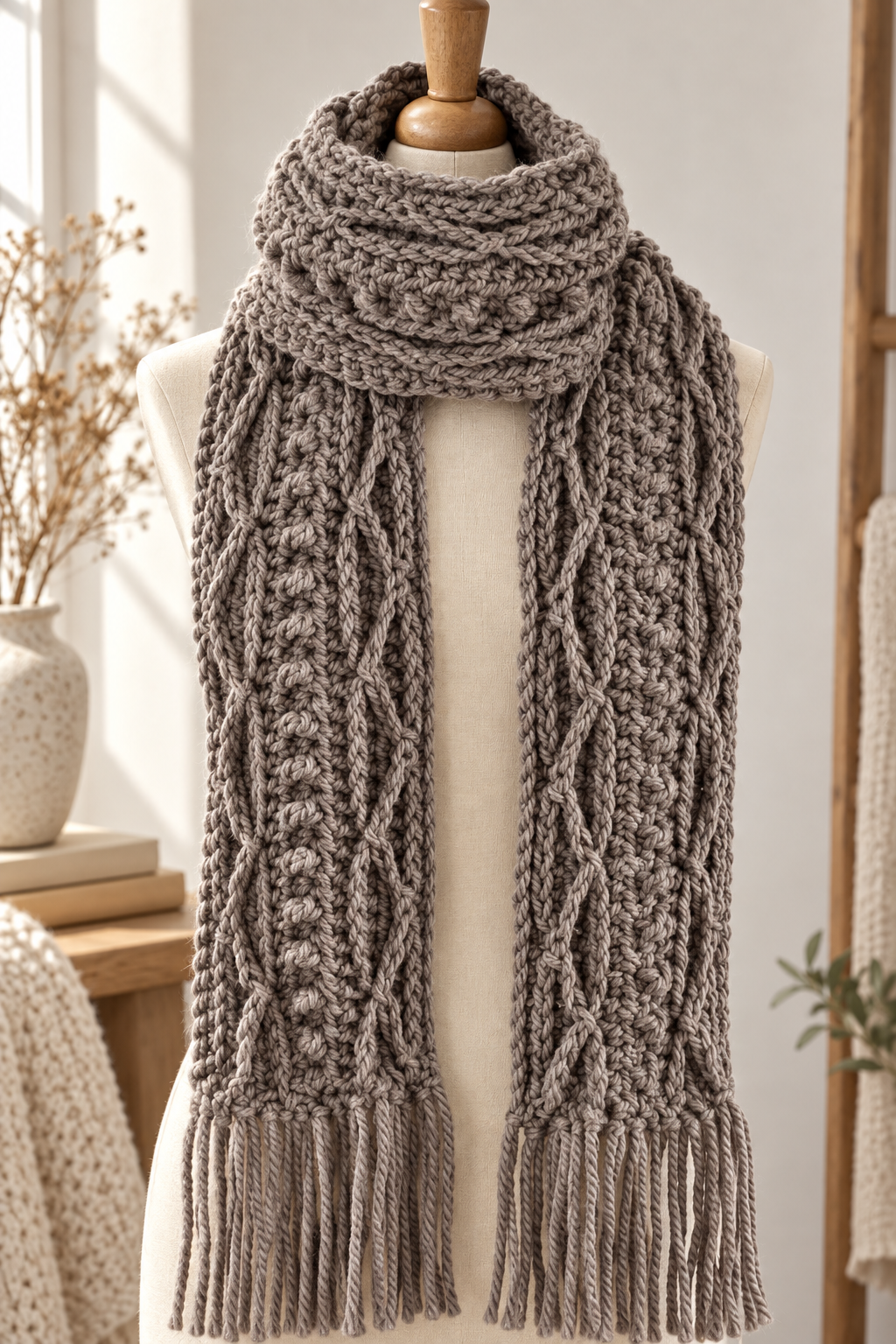 crochet cable scarf pattern detail: add balanced tassels