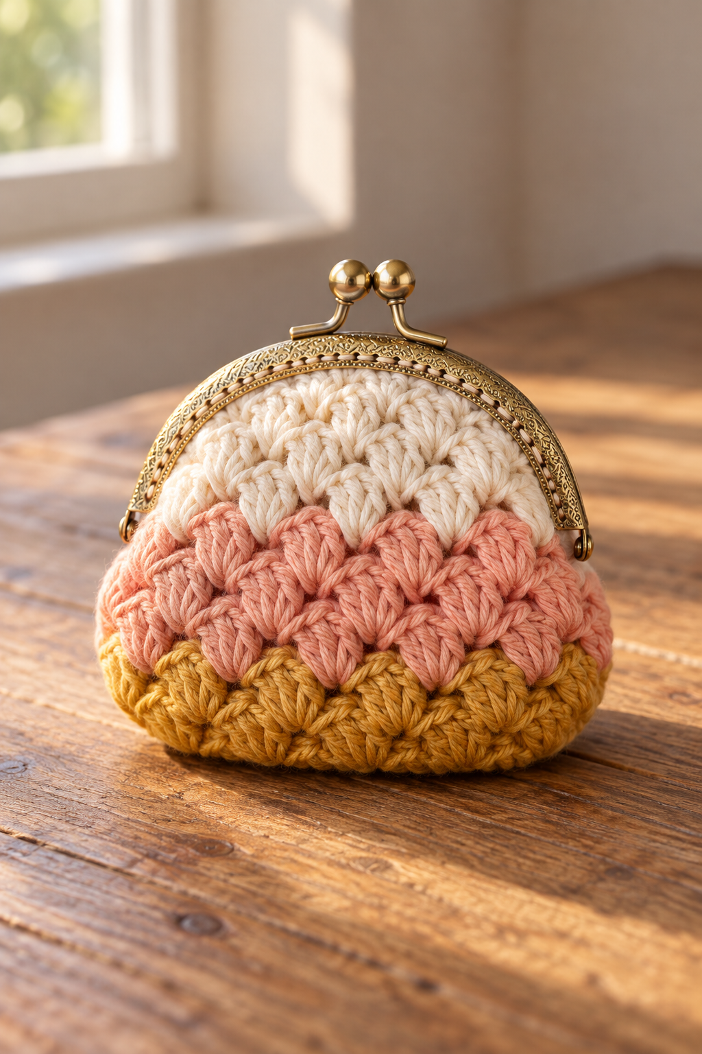Crochet coin purse pattern with defined stitches and a neat top closure