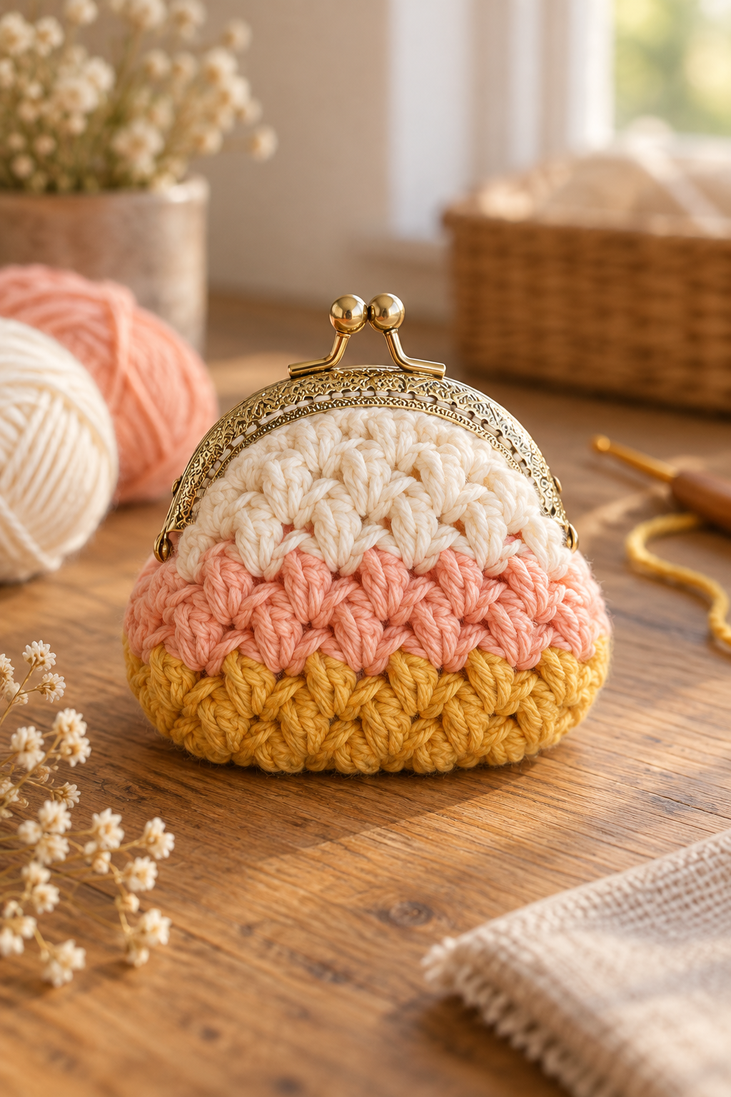 Small crochet coin pouch beside keys and coins for everyday use