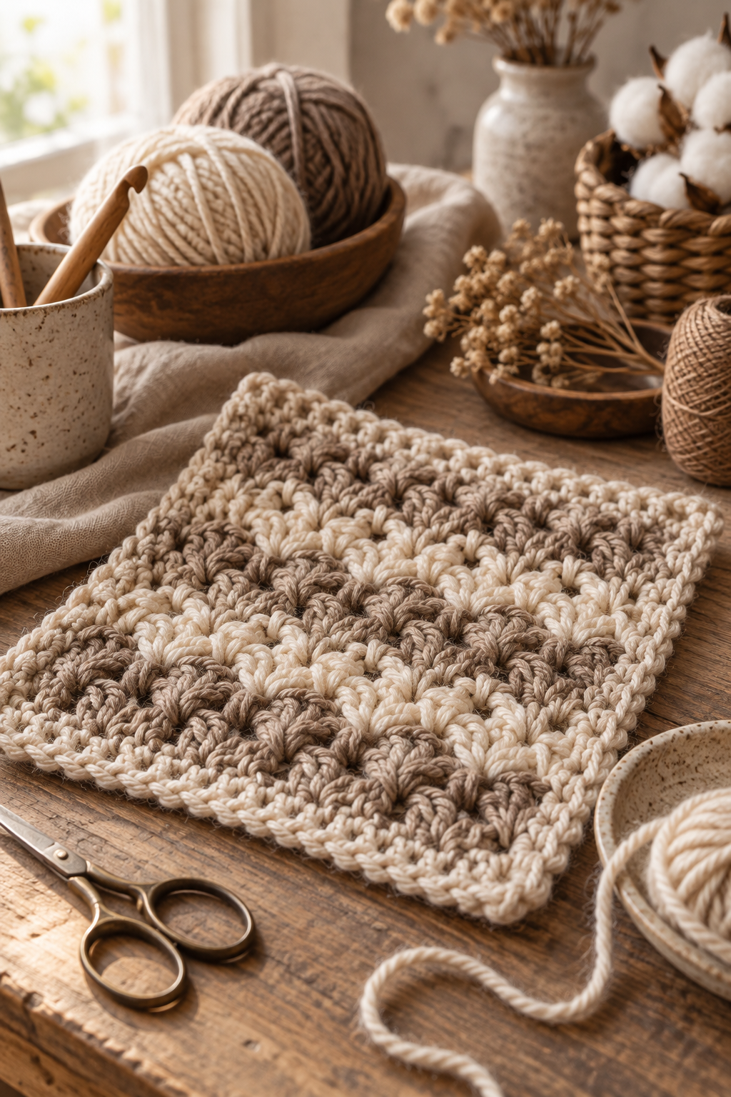 Crochet crunch stitch swatch with raised texture