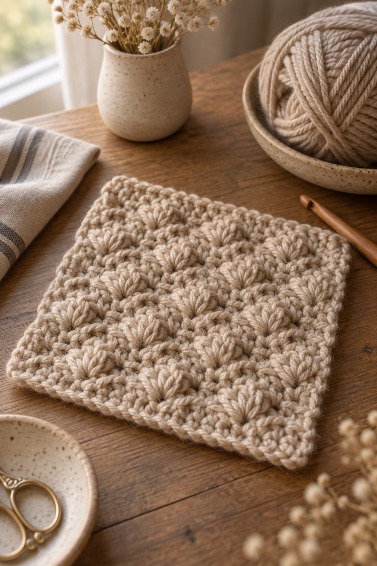 Textured crochet crunch stitch swatch in warm neutral yarn