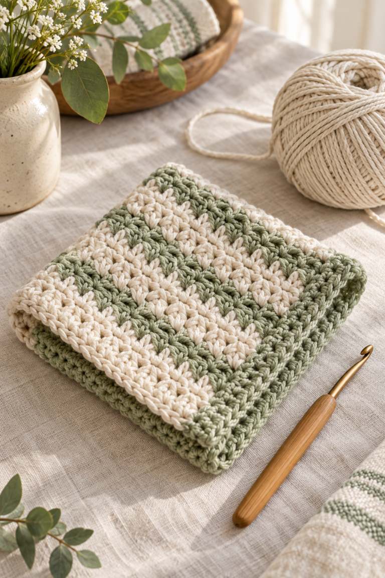 Crochet dishcloth pattern with textured stitches and cotton yarn