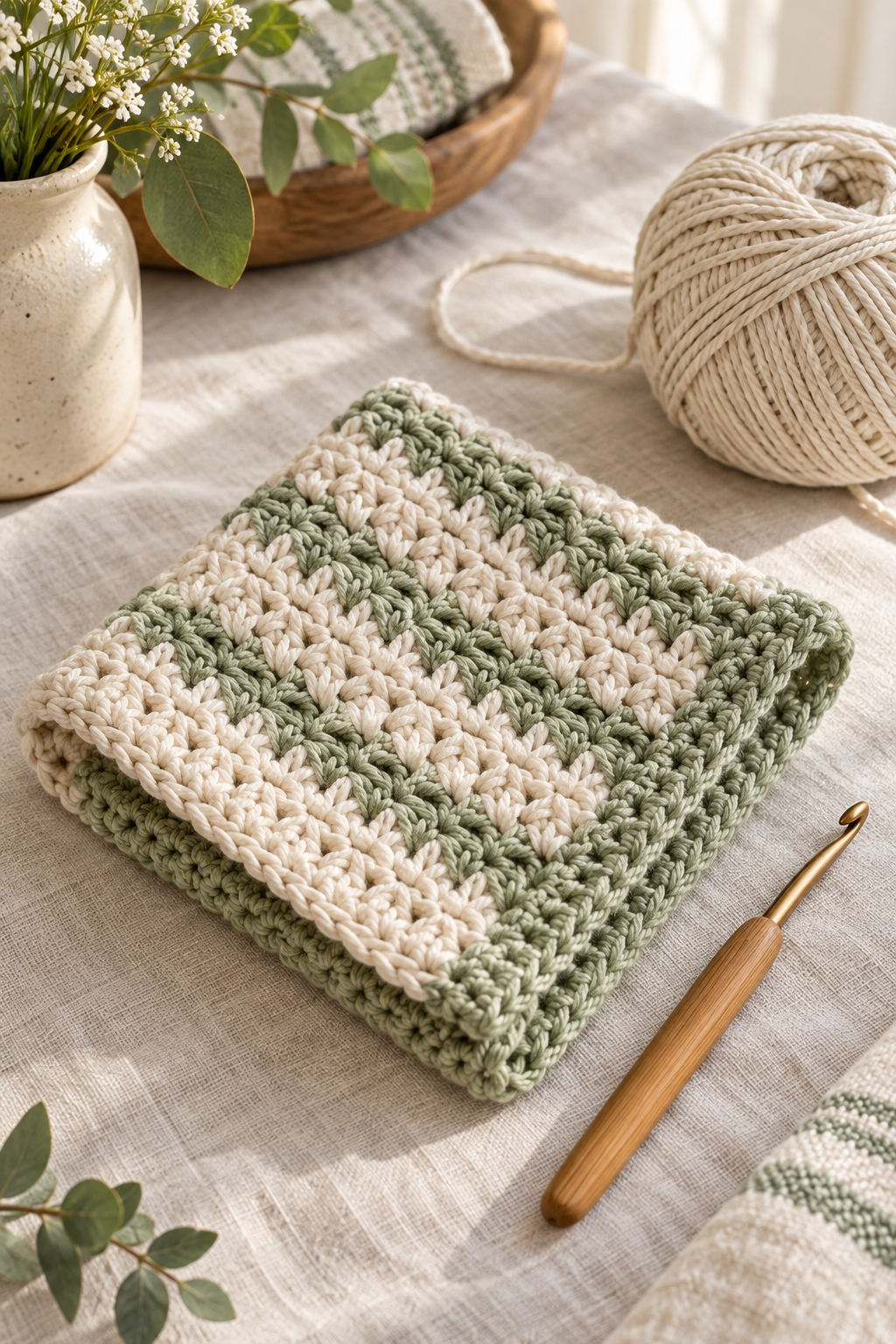 Crochet dishcloth pattern with textured stitches and cotton yarn