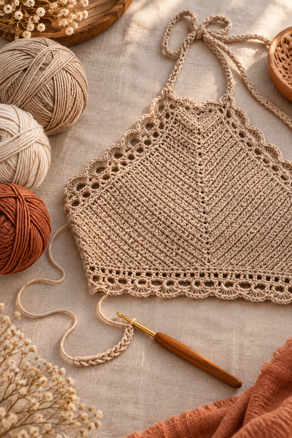 Crochet festival top materials and chain foundation