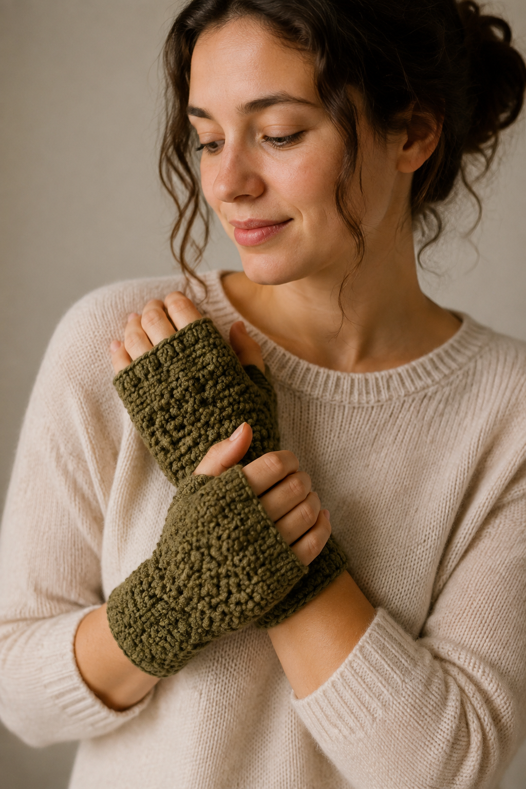 crochet fingerless gloves: olive fingerless mitts showing wrist length and thumb opening