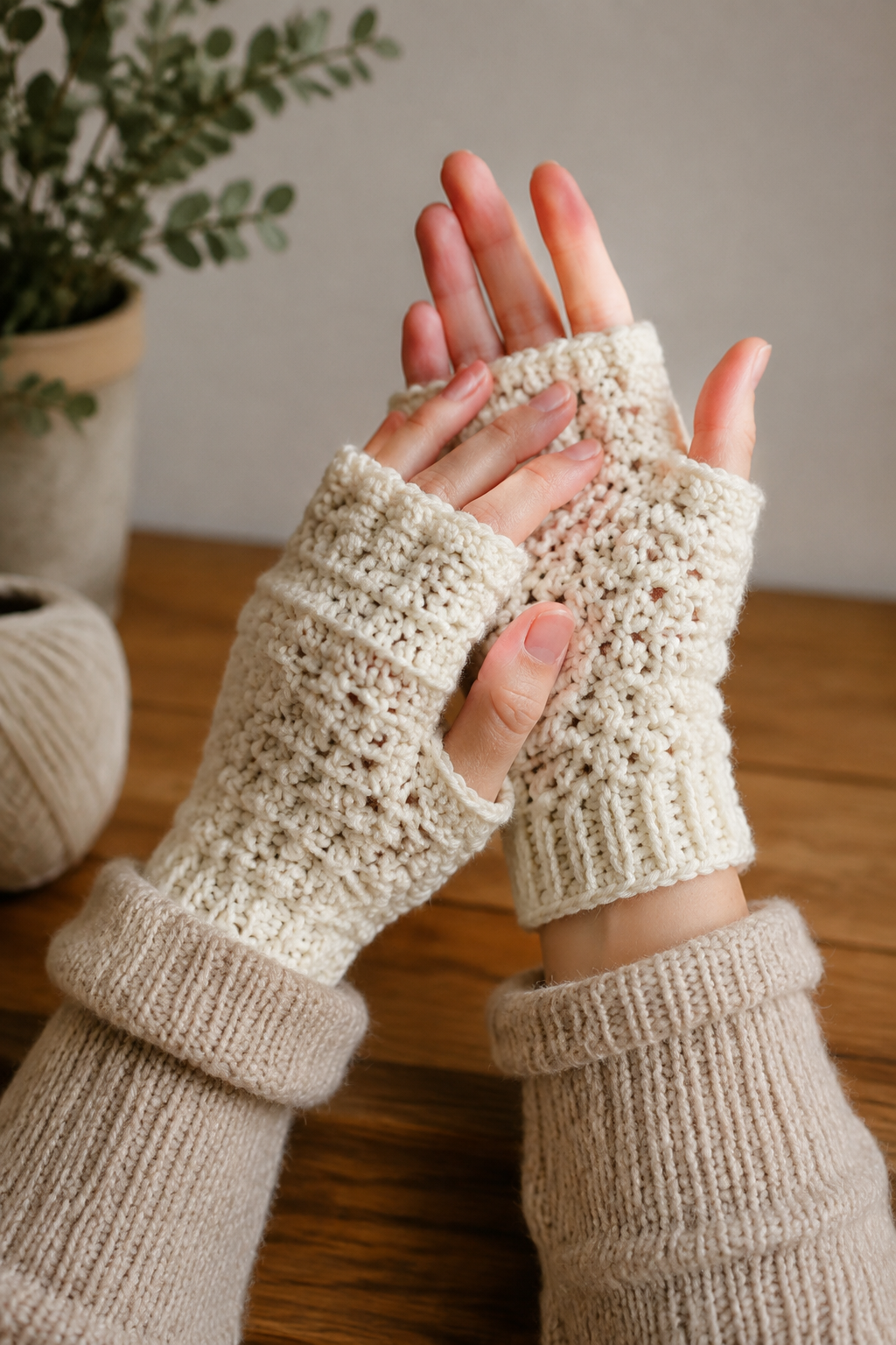 crochet fingerless gloves: cream crochet fingerless mitts showing the stitch texture