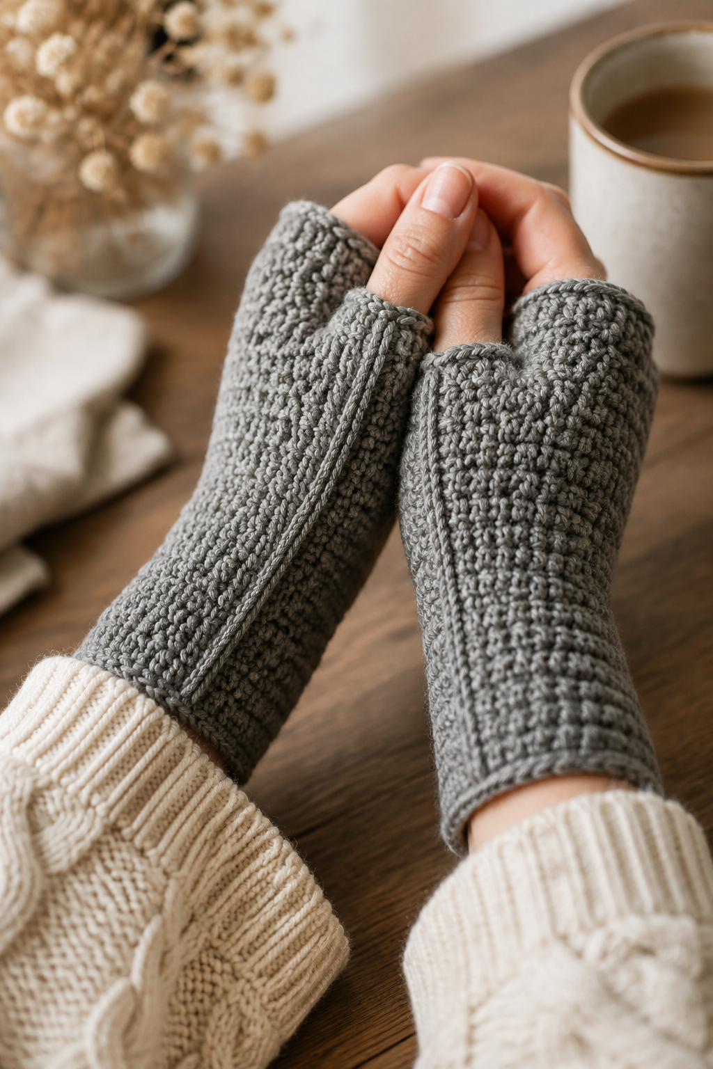 crochet fingerless gloves: neat side seam and finished edge on a crochet fingerless mitt