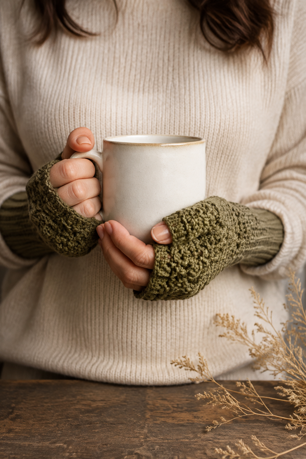 crochet fingerless gloves: finished olive crochet fingerless gloves worn as a matching pair