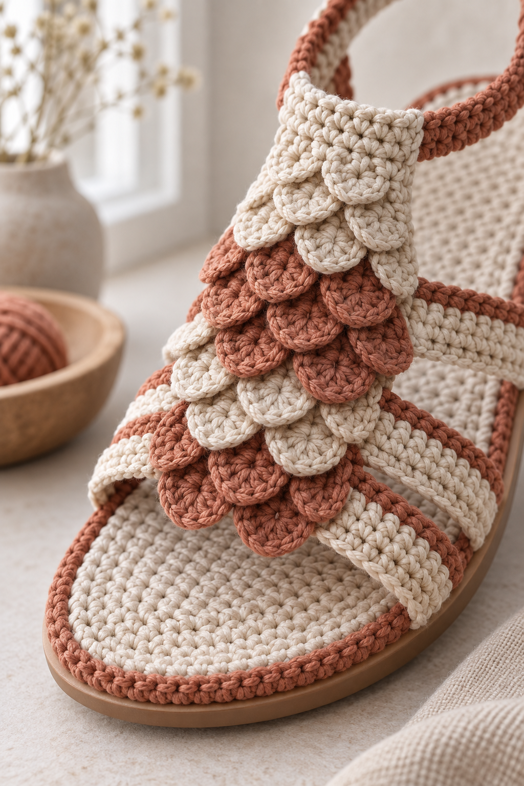crochet gladiator sandals: close-up crocodile-stitch upper with aligned straps