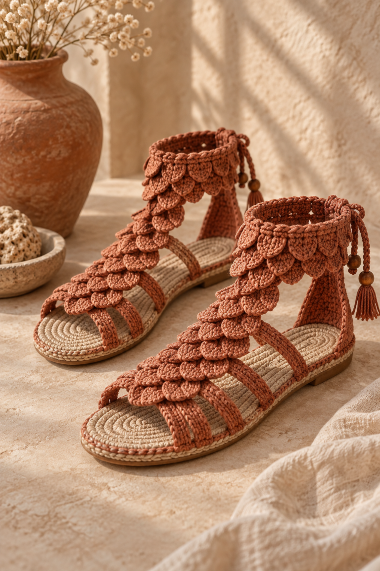 crochet crocodile-stitch gladiator sandals on a warm neutral studio surface
