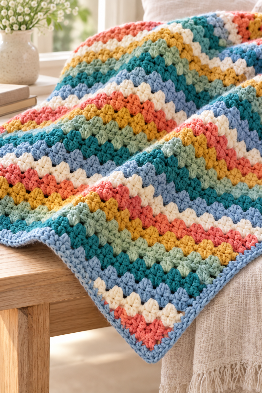 crochet granny stripe blanket: pick yarn for warmth and drape
