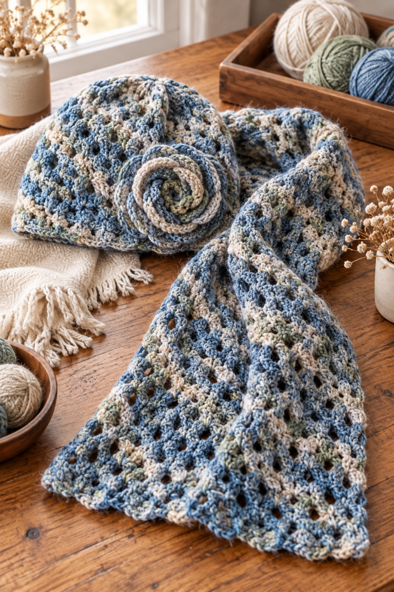 textured crochet hat and scarf set