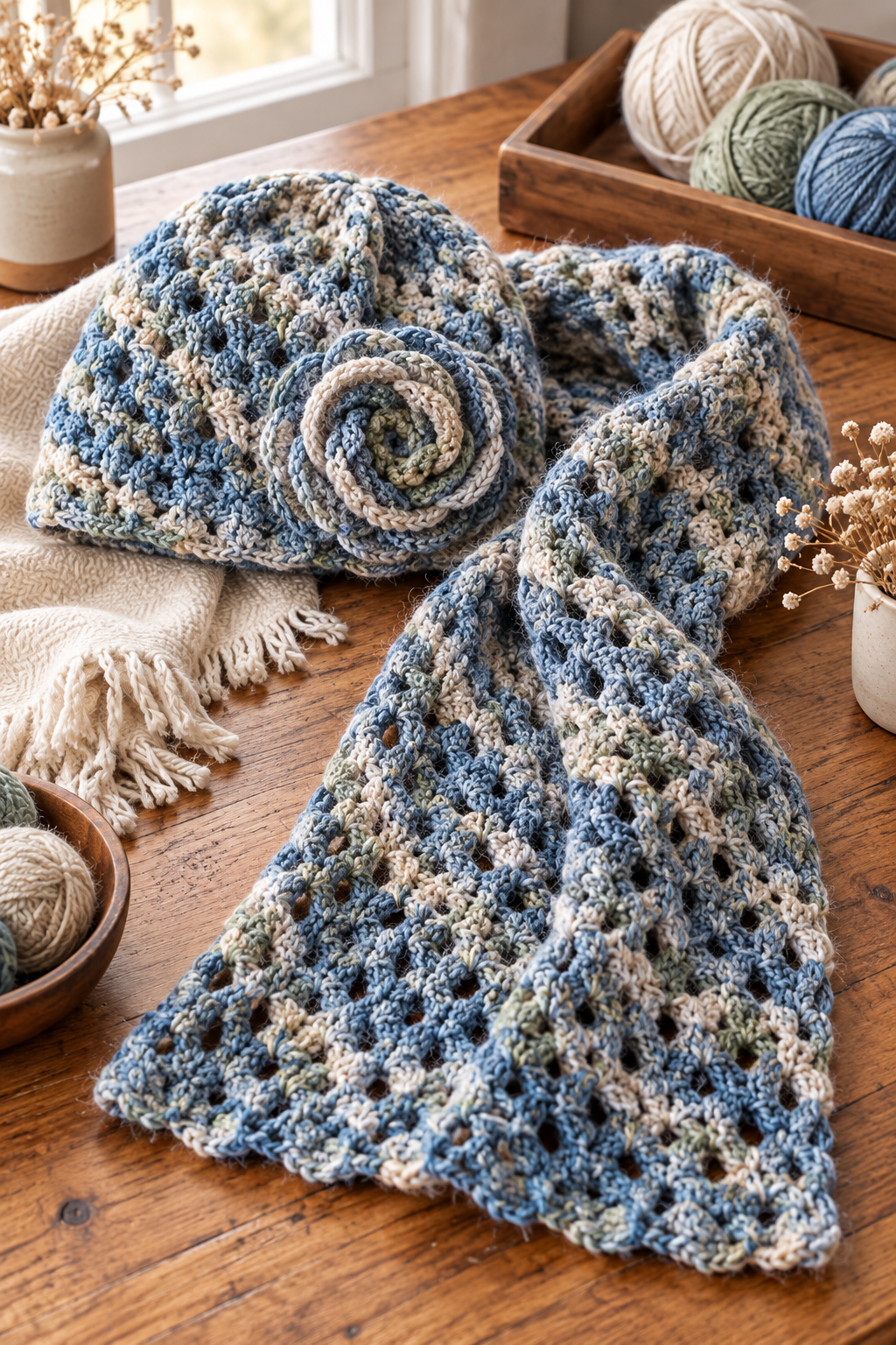 textured crochet hat and scarf set