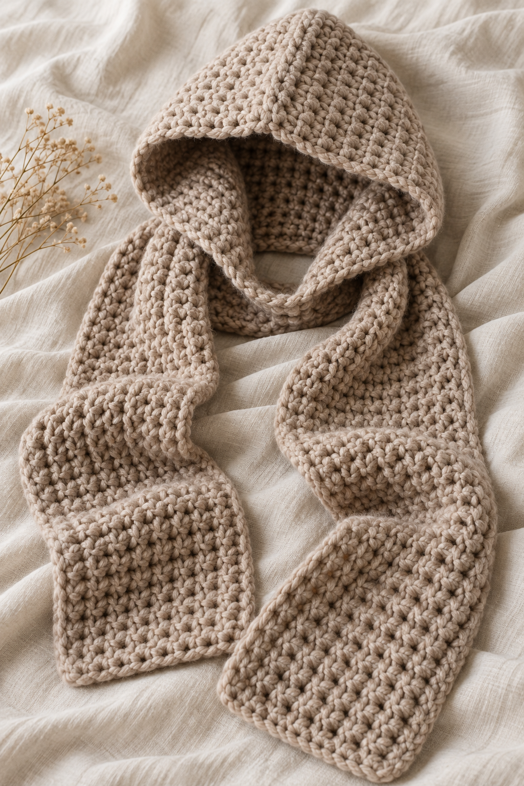 crochet hooded scarf with pockets hood join and chunky stitch texture