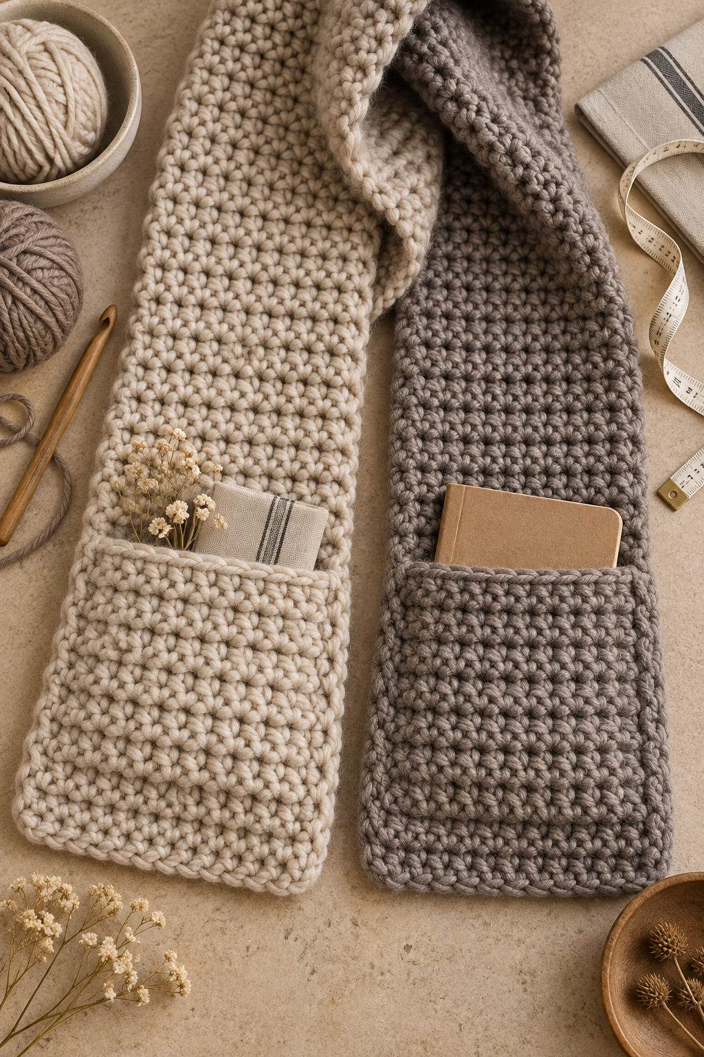 crochet hooded scarf with pockets showing two practical end pockets