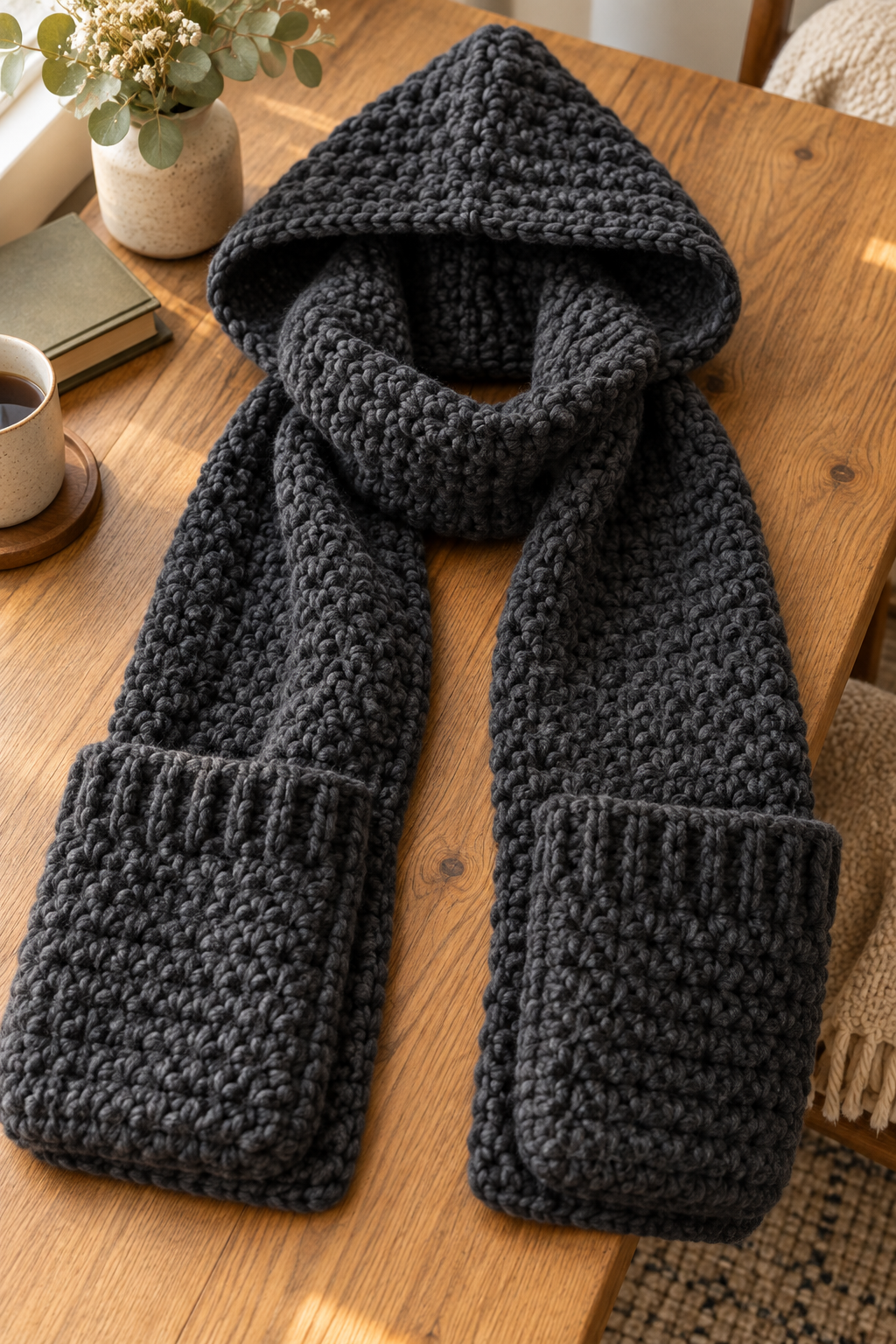 crochet hooded scarf with pockets finished accessory