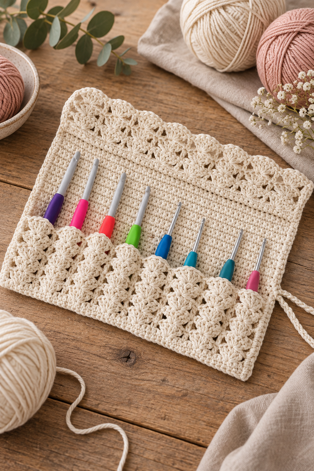 Crochet hooks organized in stitched pockets