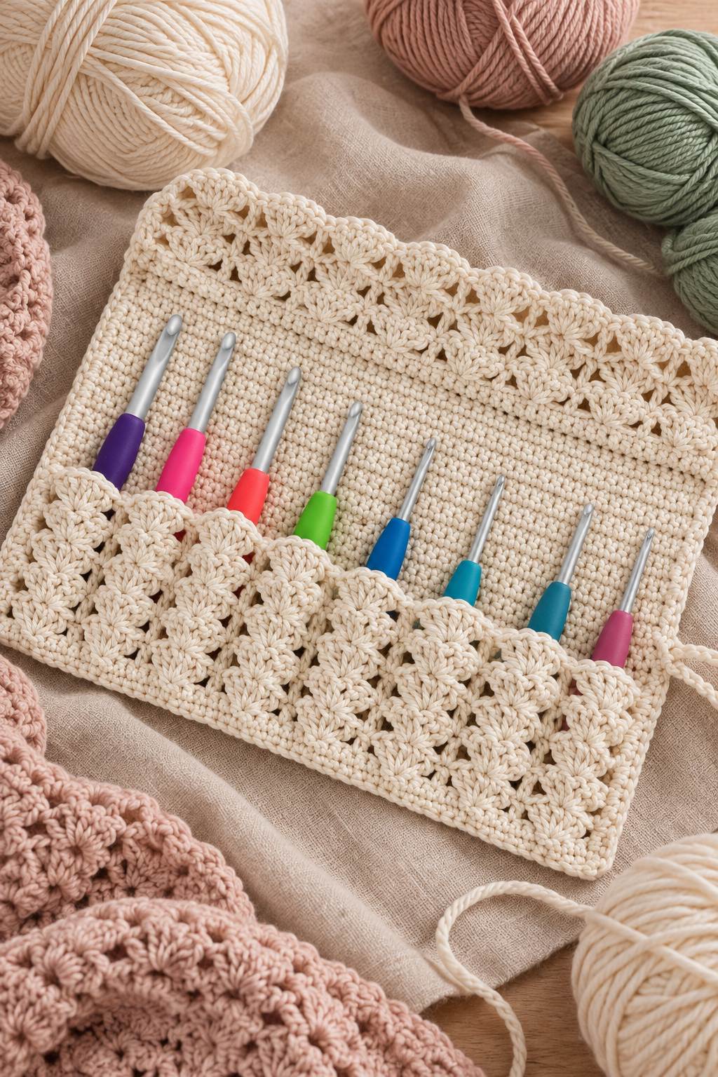Protective flap over crochet hook pockets