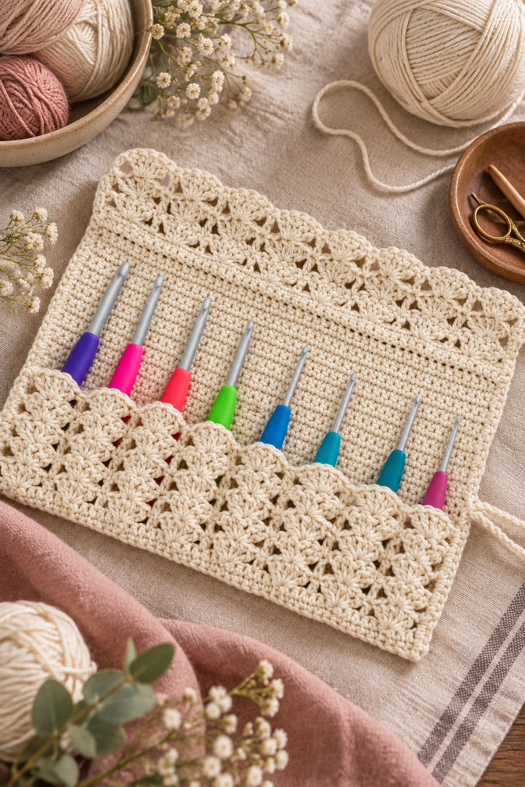 Divided crochet storage pockets with tools