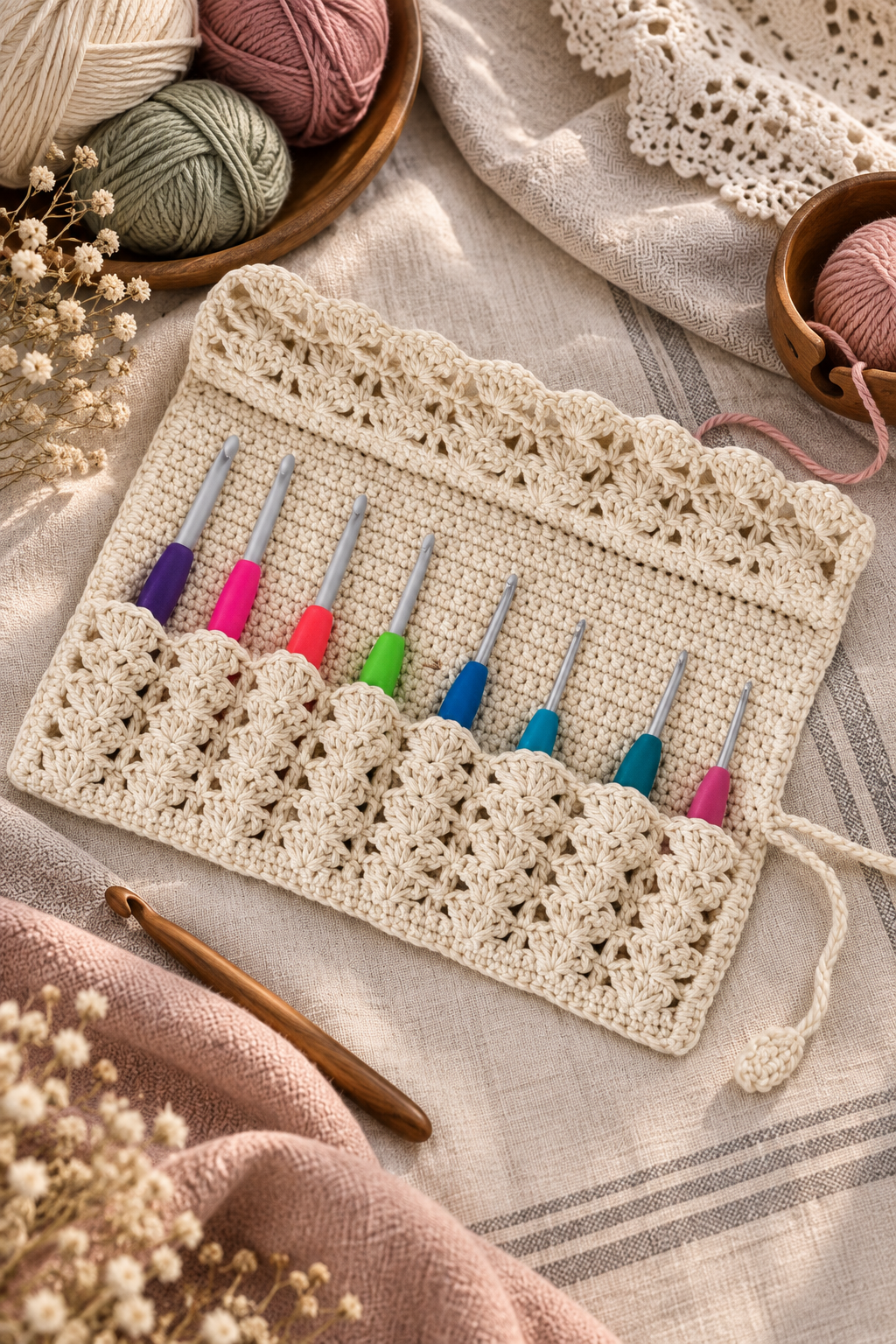Finished roll-up crochet hook case ready for travel