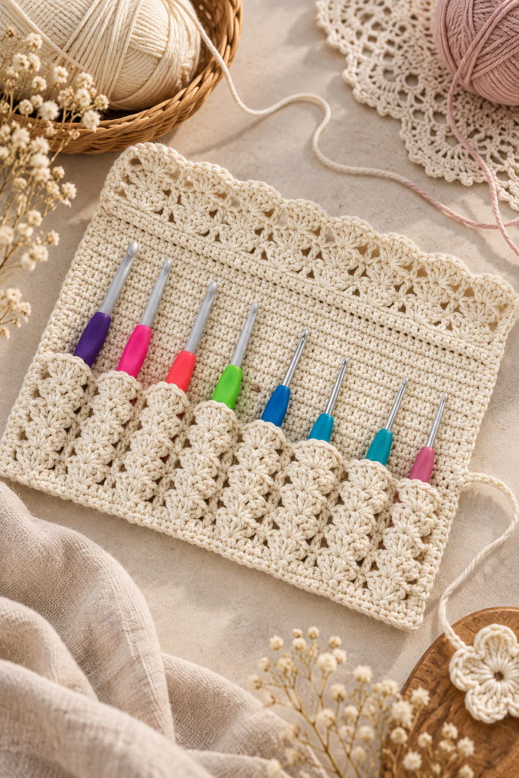 Handmade crochet hook case open with colorful hooks