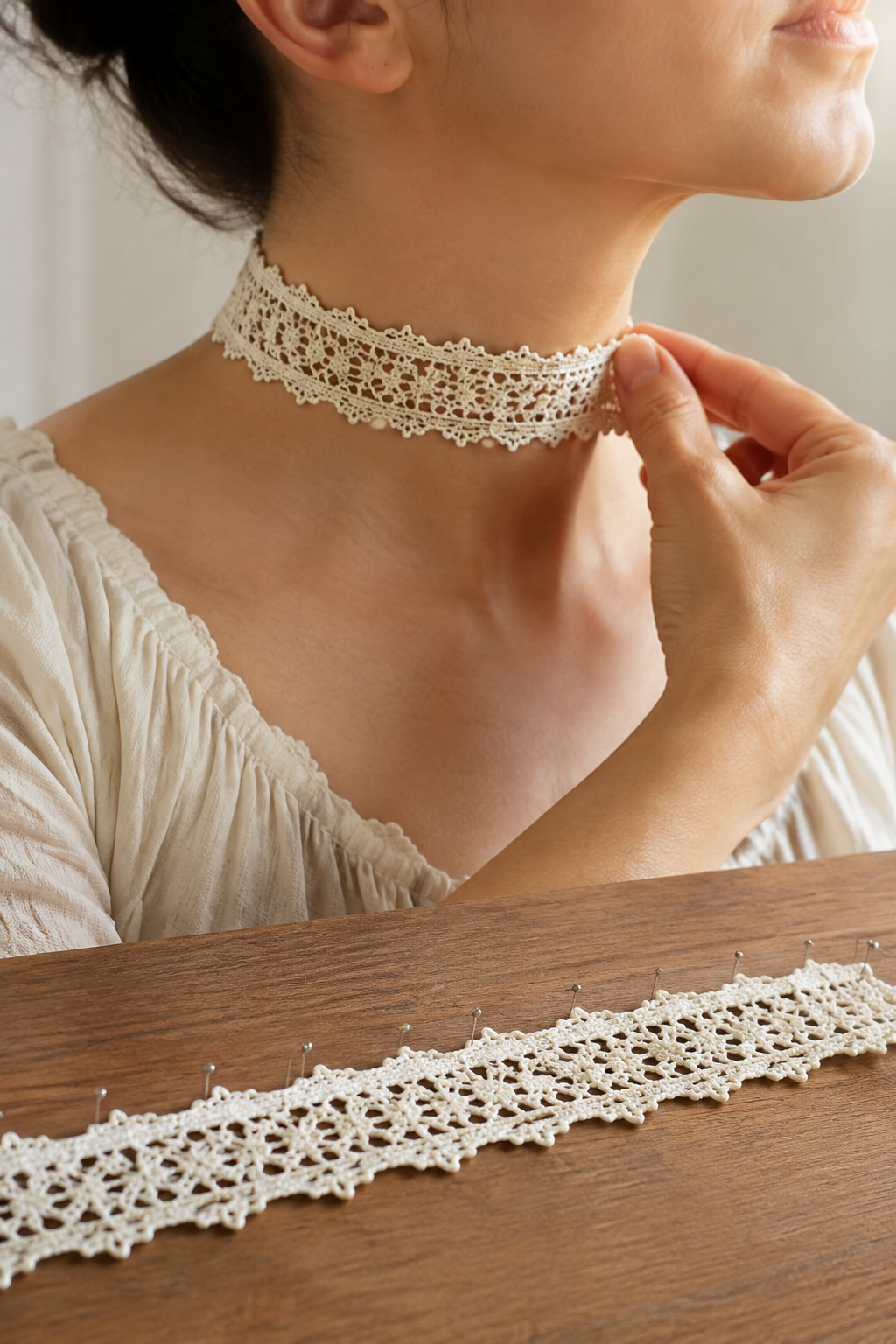 crochet lace choker necklace — block gently and check the fit