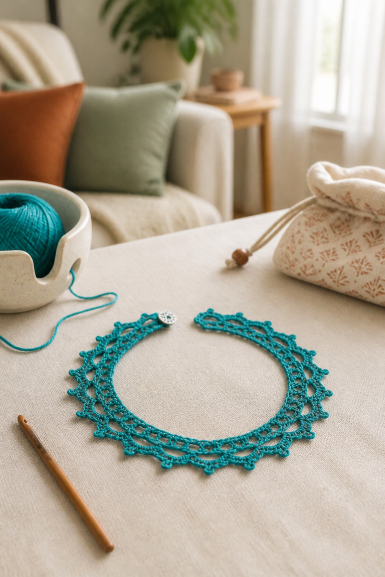 Finished crochet lace choker necklace with airy arches and a pointed edge