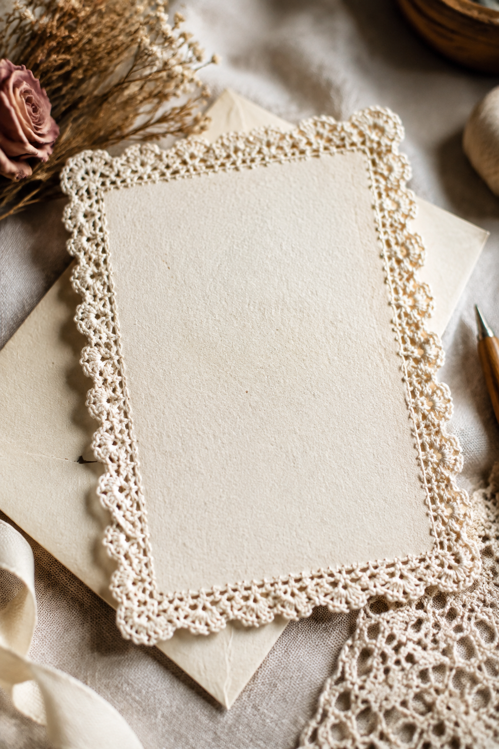 crochet lace trim projects: handmade note card edged with fine crochet lace